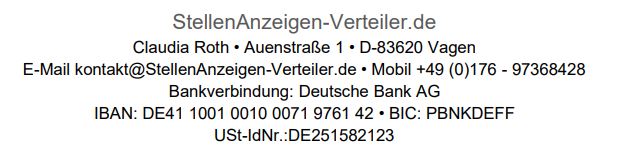 StellenAnzeigen-Verteiler.de, Inh. Claudia Roth, Auenstrae 1, 83620 Vagen, E-Mail info-at-StellenAnzeigen-Verteiler.de, USt-IdNr.: DE251582123